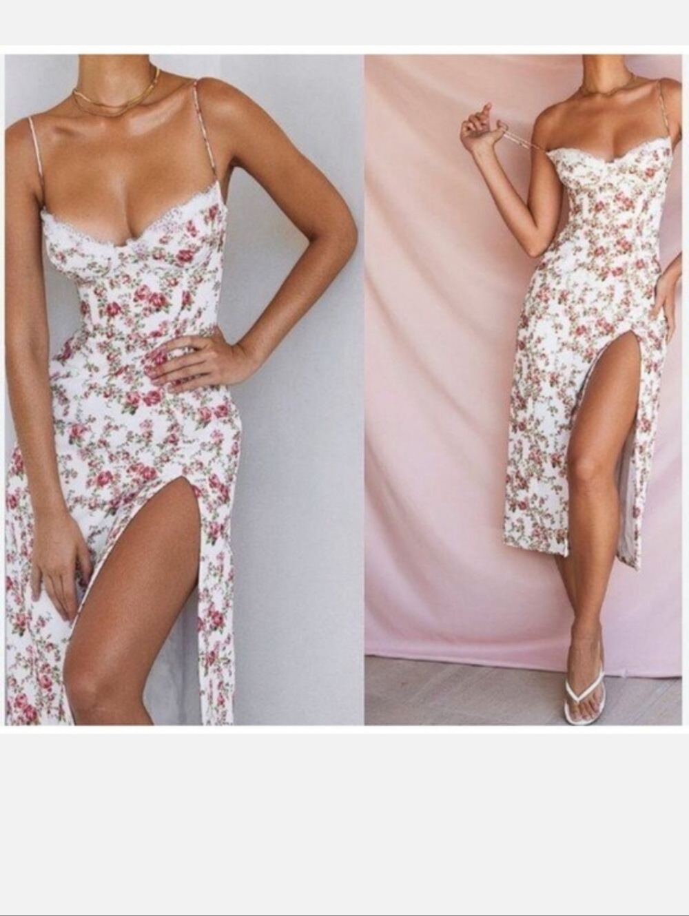 House of CB Charlotte White Floral Slip Dress with Rose Print